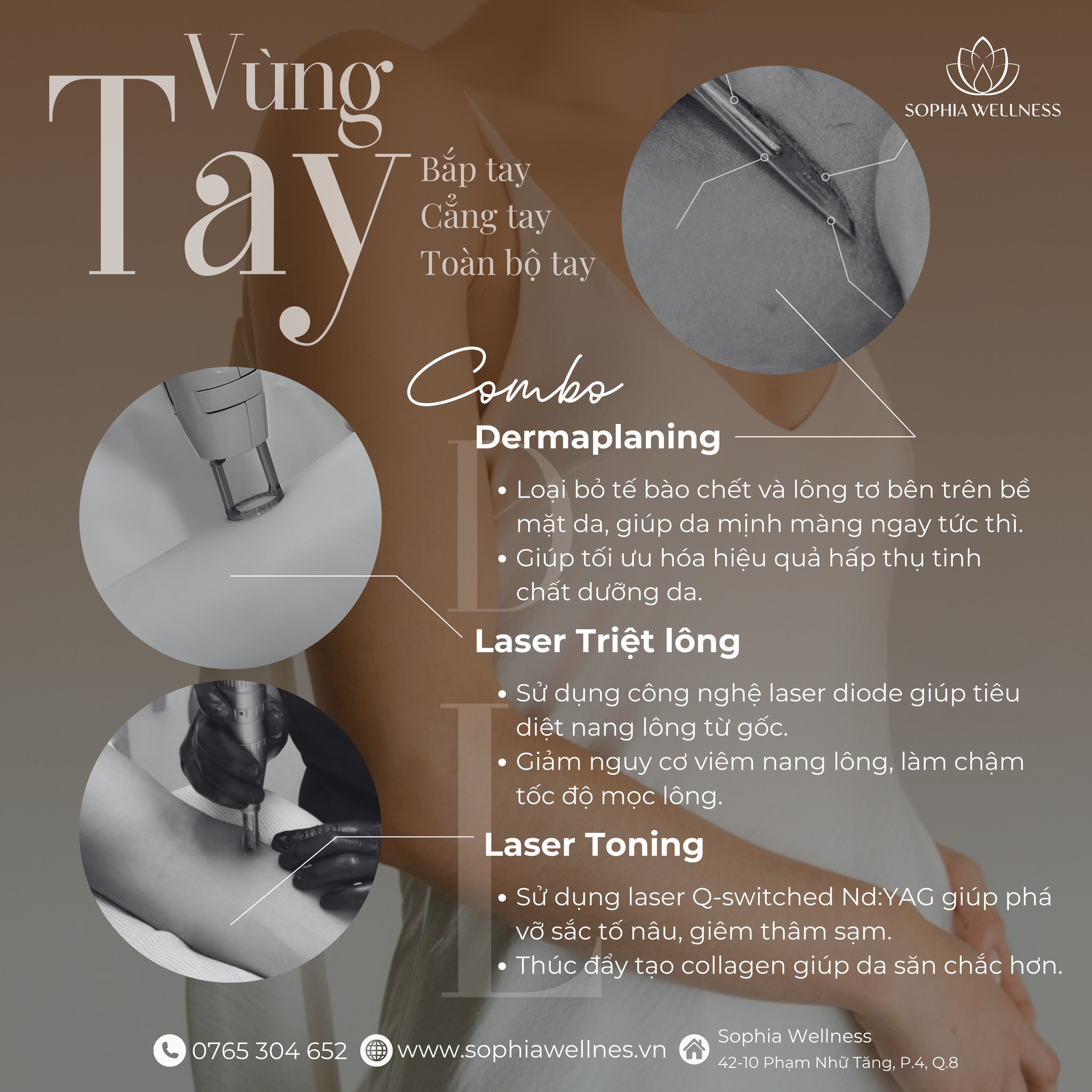 Vùng da lưng, tay mịn màng, sáng khoẻ - Loại bỏ lông tơ & thâm sạm với Combo chuyên sâu: Dermaplaning + Laser triệt lông + Laser toning